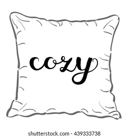 Cozy. Brush hand lettering. Handwritten words on a sample throw pillow. Great for pillow cases, posters, photo overlays, home decor and more.