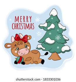 COZY BULL UNDER THE CHRISTMAS TREE Cute New Year Merry Christmas Cartoon Holiday Hand Drawn Vector Illustration Set For Print