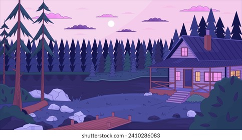 Cozy cabin by lake dusk lofi wallpaper. Cabin in forest 2D cartoon flat illustration. Summerhouse lake side. Family vacation. Dreamy vibes chill vector art, lo fi aesthetic colorful background