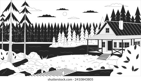 Cozy cabin by lake dusk black and white lofi wallpaper. Cabin in forest 2D outline cartoon flat illustration. Summerhouse lake side. Family vacation. Dreamy vibe vector line lo fi aesthetic background