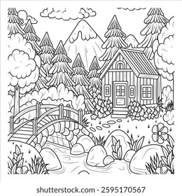 Cozy Cabin in the Forest with Wooden Bridge - Coloring Page