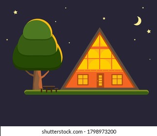 Cozy Cabin House In A Woods By Night. Family Gateway Lodge In A Forest With Stars And Moon. Vacation Home Outdoors. Vector Illustration.