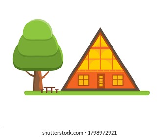 Cozy Cabin House In A Woods. Family Gateway Lodge In A Forest. Vacation Home Outdoors. Vector Illustration.