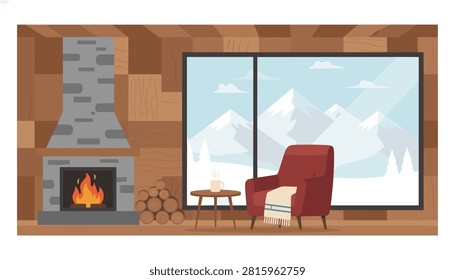 Cozy cabin interior featuring a stone fireplace, a crackling fire, a comfortable red armchair with a blanket, and snowy mountain views.