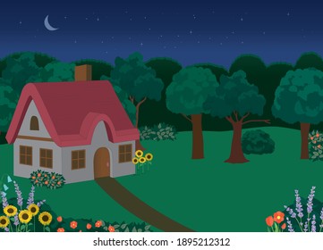 A cozy cabin in the midst of nature. Nighttime setting. Add your own illustrations to this backdrop!