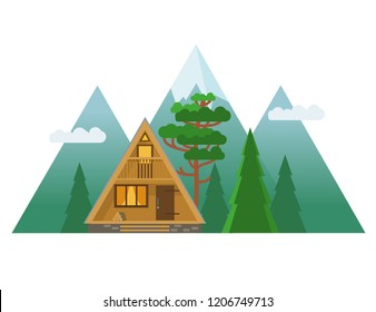 Cozy cabin in the mountains. Vector hand drawn illustration