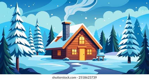 A cozy cabin nestled in a snowy forest, perfect for escaping the cold and enjoying the peace of nature. The cabin is decorated with warm lights and a chimney that's puffing out smoke.