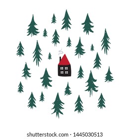 Cozy cabin in a pine forest design. Vector illustration