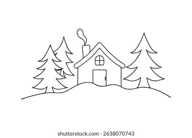 Cozy cabin in snowy woods line drawing illustration