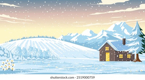 A cozy cabin stands amidst snowy mountains at dawn, with snow falling gently over a serene winter landscape.