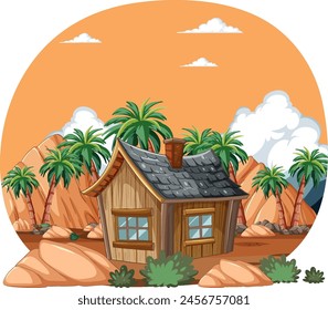 Cozy cabin surrounded by palm trees and rocks.