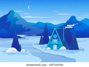 Cozy cabin winter house at lake at mountains landscape background. Sale or rent house for chill and summer vocation. Nature monotone colors. Illustration for travel. 