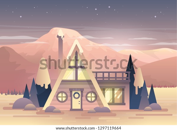 Cozy Cabin Winter House Lake Mountains Stock Vector Royalty Free