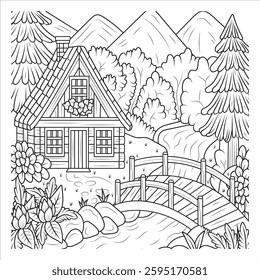 Cozy Cabin with Wooden Bridge in Nature - Coloring Page