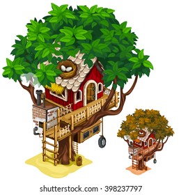 Cozy cabin in the woods built on the tree isolated on white background. Vector cartoon close-up illustration.