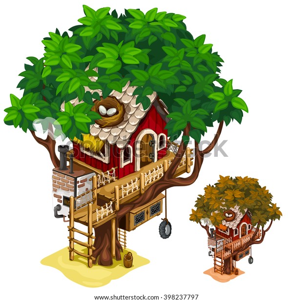 Cozy Cabin Woods Built On Tree Stock Vector Royalty Free 398237797