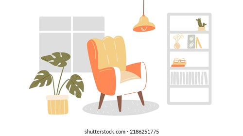 Cozy Cabinet Interior, Comfy Chair, Bookcase And Monstera Plant In Pot. Vector Flat Illustration.