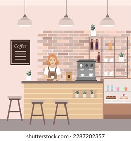 Cozy cafe. The barista prepares coffee. Color vector illustration.