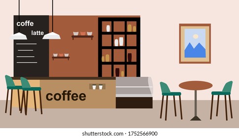 Cozy cafe with different types of coffee and desserts, vector graphics