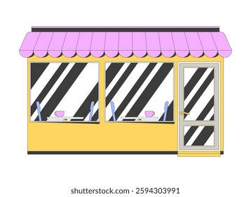 Cozy cafe exterior with large windows and pink awning 2D cartoon object. Coffee shop, dining, urban life. Modern bistro storefront isolated element flat vector clip art on white. Spot illustration