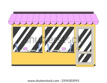 Cozy cafe exterior with large windows and pink awning 2D cartoon object. Coffee shop, dining, urban life. Modern bistro storefront isolated element flat vector clip art on white. Spot illustration