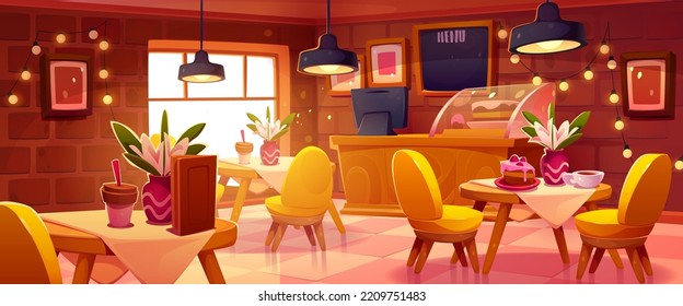 Cozy cafe interior, coffee shop, cafeteria or bakery with sweets on tables, chairs, cashier desk, chalkboard menu and glow garlands. Restaurant or food court with furniture Cartoon vector illustration