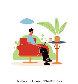 Cozy cafe interior composition with character of man working with laptop at cafe table vector illustration