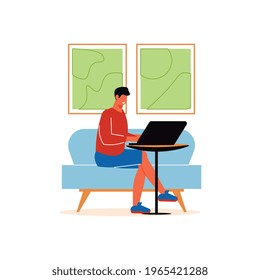 Cozy cafe interior composition with character of man at cafe table working with laptop vector illustration