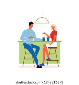 Cozy cafe interior composition with characters of man and woman drinking coffee at bar counter vector illustration