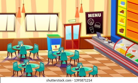 Cozy Cafe Interior with Tables and Chairs. Bar or Bakery Indoor. Modern Wooden Furniture. Cafeteria with Blackboard for Menu. Background with Door, Windows and Fridge. Cartoon Flat Vector Illustration