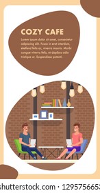 Cozy Cafe. Loft Interior with Antique Edison Lamps and Brick Wall. Hipster Friends People. Hanging Inside. Creative Modern Room Workspace For Freelance. Vertical Banner. Conceptual Decoration.
