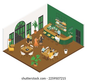 Cozy cafe - modern colorful vector isometric illustration. High quality composition of a restaurant interior, guests at the tables, bar with drinks. Friends and families. Leisure and entertainment