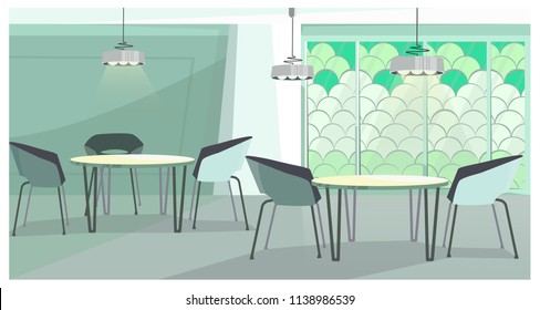 Cozy cafe with modern design vector illustration. Modern cafeteria with round tables, chairs and mosaic wall. Interior illustration