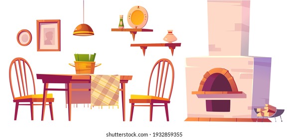 Cozy cafe or pizzeria interior with oven, wooden table and chairs, shelves and lamp. Vector cartoon set of furniture for canteen or rural russian kitchen with traditional stove