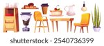 Cozy cafe or restaurant interior elements - furniture items include cupboard with pitchers, coffee grinder and pastries, dining chairs near wooden table, sweet cheesecake dessert and takeaway cup.
