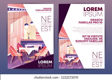 Cozy Cafe, Small Restaurant Or Bar Cartoon Vector, Vertical Advertising Flyer, Promo Leaflet Design Template. Restaurant Hall Pink Interior With Bar Counter, Comfortable Chairs And Tables Illustration