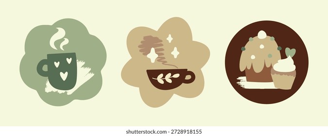 Aconchegantes adesivos e emblemas café conjunto com xícaras de café desenhadas à mão e cupcakes doces. Paleta de cores terrosas quentes, ilustração de estilo folk e doodle.