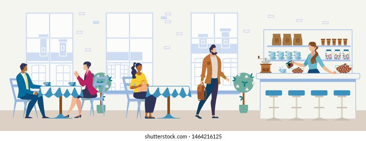 Cozy Cafeteria, Comfortable Confectionery, City Restaurant or Coffee Shop Flat Vector Interior. Multinational Female and Male Clients or Visitors Sitting at Tables, Buying Coffee on Bar Illustration