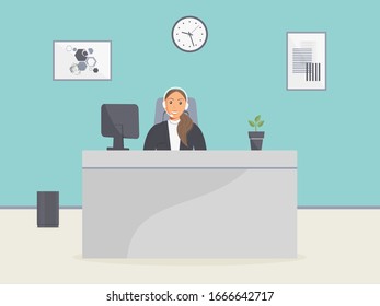 Cozy call center office. Assistant female with headphones sitting at table with monitor and home plant in pot and advises clients.Modern trendy paintings and clock on blue wall.Vector illustration.