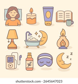 Cozy and calming icon pack with night elements like moon, skincare, bath, reading, and tea, suitable for self-care designs and relaxation themes