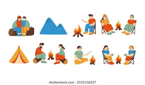 Cozy Campfire Moments Outdoor. A illustrations people enjoying campfires, perfect for projects about camping, travel, and nature. Includes group gatherings, solo moments, and mountain landscapes