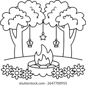 Cena de acampamento acolhedora com flores e árvores florescentes, apresentando decorações penduradas para uma noite relaxante