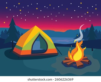 Cozy Campfire and Tent Under a Starry Night-Time Sky. An illuminated camping scene featuring a glowing campfire, tent, and a vivid starry night sky.