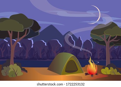 
cozy camping by the lake among the forest, vector EPS 10

