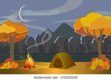 
cozy camping by the lake among the forest, vector EPS 10
