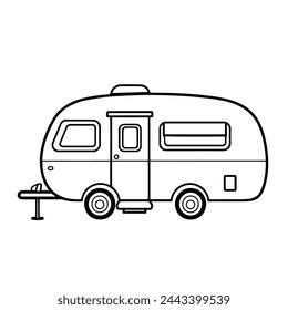 Cozy camping caravan symbol. Classic line art design element.