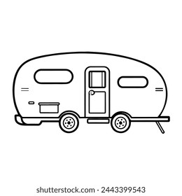 Cozy camping caravan symbol. Classic line art design element.