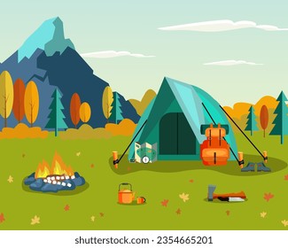 Acogedor camping en el bosque en la ilustración vectorial de otoño. Equipo de camping y artículos esenciales, carpa con mochila, fogata con malvaviscos, mapa y brújula para navegación. Naturaleza, concepto de caída