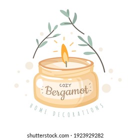 Cozy candle. Lighted candle in jar with bergamot fragrance, beauty twigs all around, aromatic therapy and relaxing. Vector concept