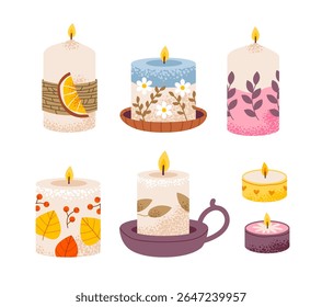 Cozy candles with flowers and candlesticks isolated on white background. Scented candles with herbs and floral decoration. Flat vector illustration.